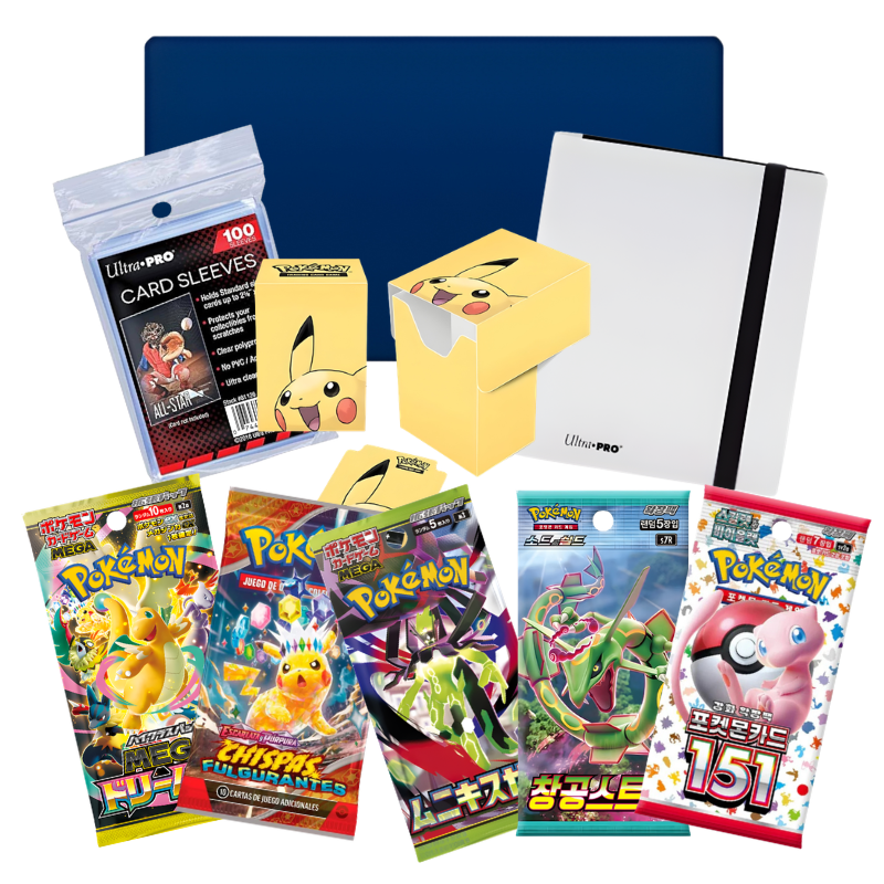 Pack Starter de iniciación con tapete, fundas, deck, album, y sobres pokémon tcg